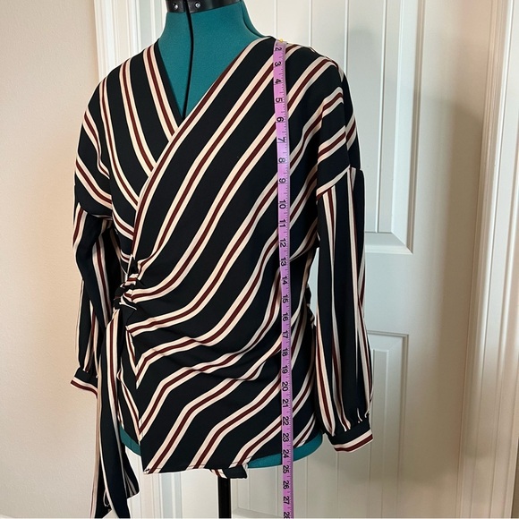 2/$30 Zara Basic Black Brown Tan Striped Long Sleeve Wrap Blouse - Picture 9 of 10